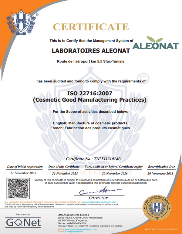 Certificat ISO 22716:2007
